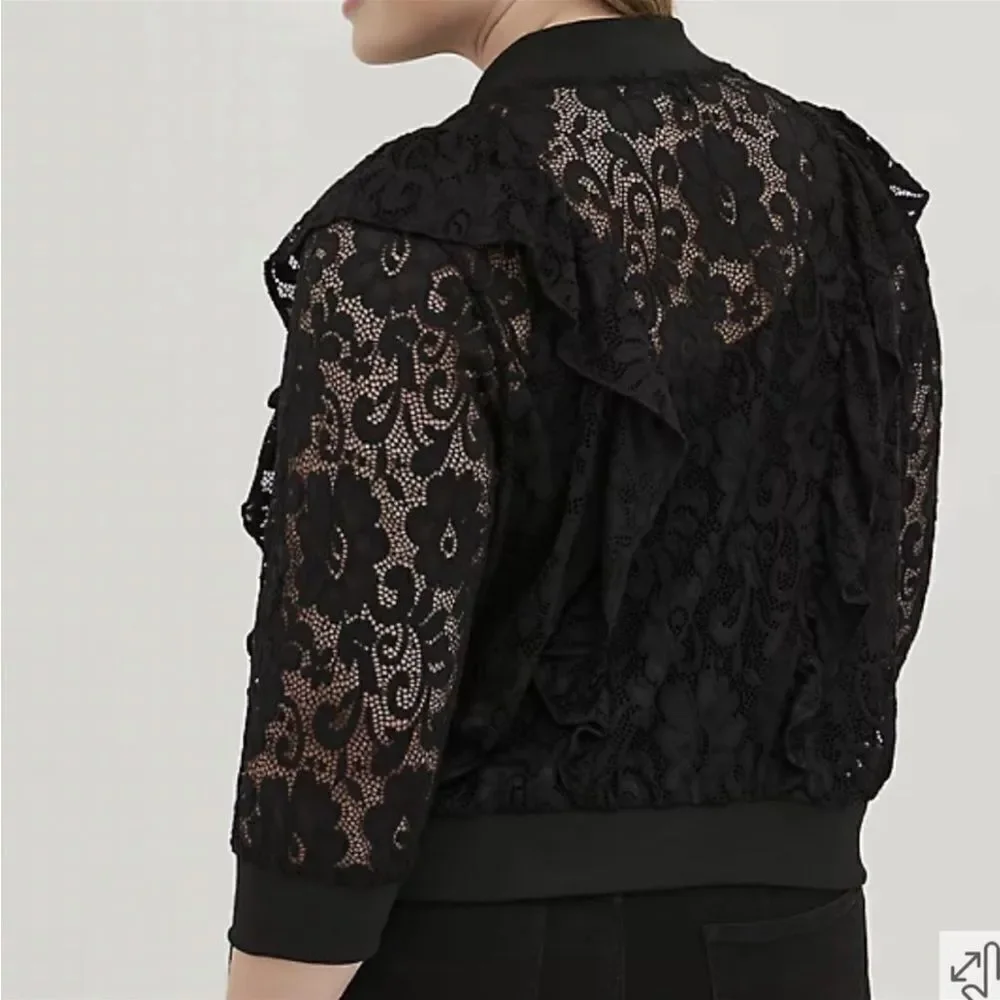 NWT Torrid Black Lace Ruffle Crop Bomber jacket - Picture 3 of 15